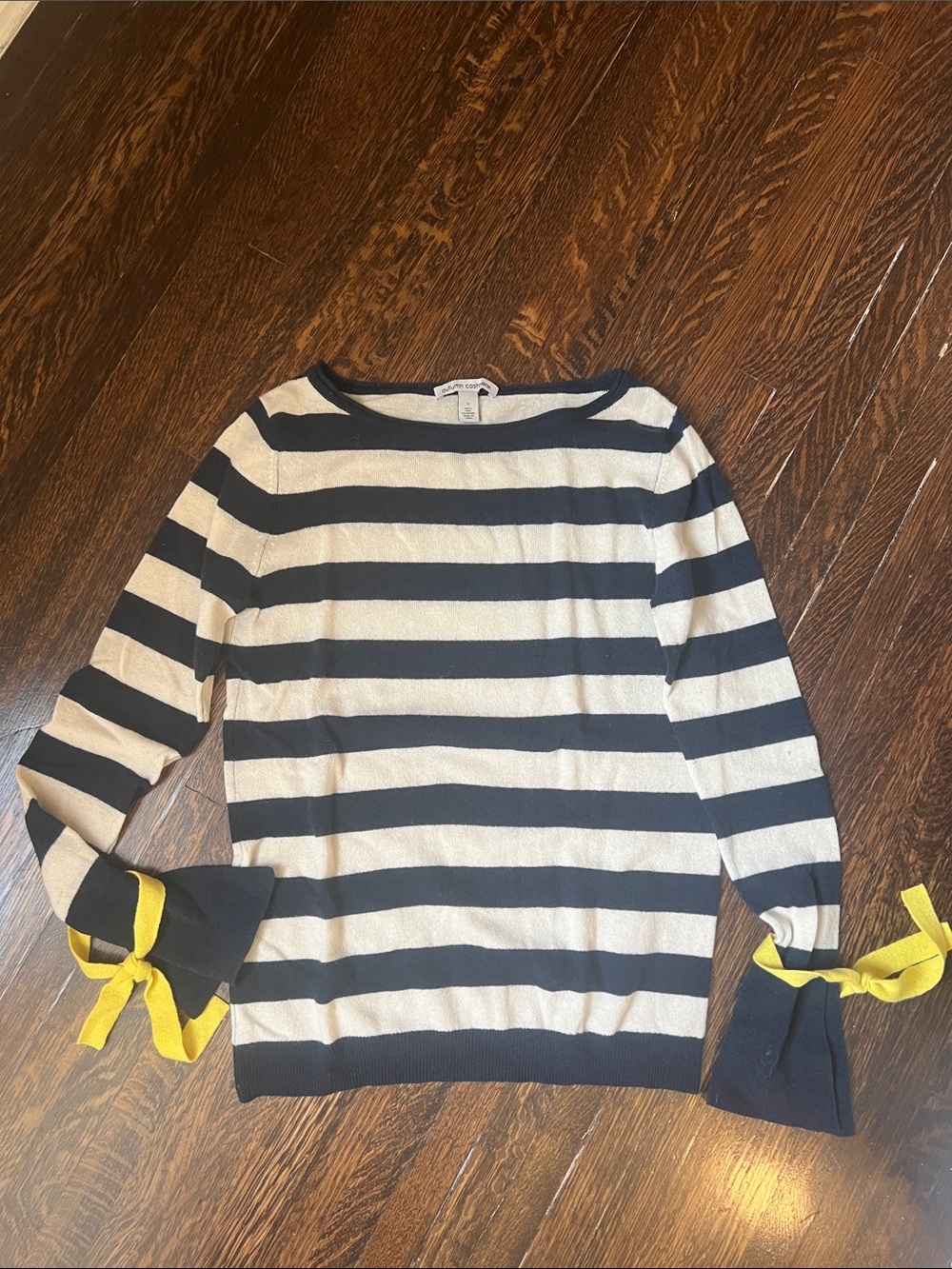Autumn Cashmere Black and Cream Striped Boatneck Sweater with Yellow Tie Cuffs